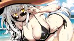  1girl absurdres adjusting_eyewear alternate_costume animal_ears beach bikini biwa_hayahide_(umamusume) black_bikini blue_sky blurry blurry_background breasts cleavage commentary day grey_hair grin halterneck hat highres horse_ears horse_girl horse_tail large_breasts leaning_forward long_hair looking_at_viewer minew ocean outdoors sand side-tie_bikini_bottom sidelocks sky smile solo standing string_bikini sun_hat sweat swimsuit tail teeth triangle_bikini_top umamusume very_long_hair water 