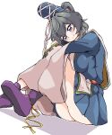  1girl absurdres ass blue_dress blue_eyes blue_hat blush boots breasts closed_mouth commentary_request detached_sleeves dress full_body grey_hair grey_sleeves gurajio hat head_tilt high_ponytail highres large_breasts long_hair looking_at_viewer mononobe_no_futo ponytail purple_boots ribbon-trimmed_sleeves ribbon_trim simple_background smile solo tate_eboshi thighs touhou white_background 