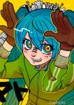  1girl artist_name blue_eyes blue_hair brown_gloves commentary derivative_work english_commentary gloves green_jacket hair_between_eyes hands_up hatsune_miku highres jacket long_hair long_sleeves looking_at_viewer matryoshka_(vocaloid) ringed_eyes smile solo track_jacket twintails upper_body vocaloid yellow_background zukaichu 