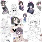 6+girls animal_ear_hairband animal_ears apron arius_student_(gl)_(blue_archive) arius_student_(smg)_(blue_archive) artist_collaboration artist_request atsuko_(blue_archive) azusa_(blue_archive) bandaged_hand bandaged_neck bandages bikini black_bikini black_choker black_hair black_hoodie black_leotard black_pantyhose black_shirt black_suit blue_archive blush breasts chibi choker cleavage closed_mouth collarbone commentary_request fake_animal_ears grey_shirt hairband halo head_tilt highres hiyori_(blue_archive) hood hoodie leotard looking_at_viewer maid_apron maid_headdress mika_(blue_archive) misaki_(blue_archive) misaki_(swimsuit)_(blue_archive) multiple_girls pantyhose playboy_bunny rabbit_ear_hairband rabbit_ears red_eyes red_halo rei_0718_nya sand saori_(blue_archive) shirt short_hair solo_focus speech_bubble striped_clothes striped_shirt subaru_(blue_archive) suit swimsuit 
