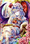  1girl ascot bat_wings blue_hair brooch castle closed_mouth collared_shirt commentary_request crossed_legs falling_petals flower frilled_shirt_collar frills hat hat_ribbon highres jewelry kazu_(pixiv_73870096) looking_at_viewer medium_hair mob_cap on_throne petals puffy_short_sleeves puffy_sleeves red_ascot red_eyes red_flower red_petals red_rose remilia_scarlet ribbon rose shirt short_sleeves sitting skirt skirt_set solo throne touhou traditional_media watermark white_hat white_shirt white_skirt wings 