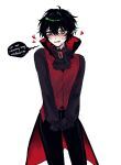  1boy ascot bags_under_eyes black_ascot black_hair black_pants black_shirt blush boo3eebig brooch coattails cowboy_shot degrees_of_lewdity dirty_talk double-parted_bangs english_text frilled_sleeves frills green_eyes hair_between_eyes hair_intakes heart high_collar highres jewelry kylar_(degrees_of_lewdity) kylar_(male)_(degrees_of_lewdity) layered_ascot looking_at_viewer male_focus nervous_sweating pants pointy_ears raised_inner_eyebrows red_pupils red_vest shirt short_hair sleeves_past_fingers sleeves_past_wrists solo sweat tailcoat vest 