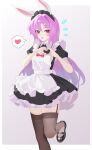  1girl :d absurdres ailu_elf alternate_costume animal_ears apron black_dress blush carrot_hair_ornament commentary_request dress embarrassed enmaided food-themed_hair_ornament garter_straps hair_ornament hair_over_one_eye hands_up heart heart_hands highres long_hair maid maid_apron maid_headdress nervous_smile rabbit_ears rabbit_girl reisen_udongein_inaba short_dress smile solo spoken_heart standing standing_on_one_leg thighhighs thighs touhou very_long_hair white_apron 