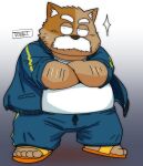  2022 anthro belly bottomwear brown_body clothing domestic_cat facial_hair felid feline felis footwear kemono male mammal mature_male mustache overweight overweight_male pants sandals shirt solo topwear toshi_(artist) 