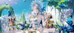  1girl blue_butterfly blue_cape blue_eyes blue_hair blue_petals blue_sky breasts bug butterfly cake cape castle chair choker cleavage cup flower food highres indie_virtual_youtuber large_breasts long_hair looking_at_viewer monarch_amalee monarch_amalee_(1st_costume) outdoors petals petals_on_breasts shrug_(clothing) sky solo teacup tree virtual_youtuber white_shrug yu_pa_u 