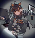  1girl :d absurdres ahoge animal_ear_headphones animal_ears arm_belt asymmetrical_legwear asymmetrical_sleeves bandaid bandaid_on_leg bare_shoulders bat_wings belt belt_collar black_choker black_hair black_nails black_sweater cat_ear_headphones cat_ears cellphone choker collar commentary_request cross-laced_clothes cross-laced_dress eyeball_hair_ornament fake_animal_ears from_above hand_over_eye headphones highres huiho56650 korean_commentary leg_belt long_sleeves looking_at_viewer mahou_shoujo_no_majo_saiban monitor multicolored_hair nail_polish off-shoulder_sweater off_shoulder open_mouth orange_eyes orange_nails orange_streaks pantyhose phone sawatari_coco sharp_teeth shirt short_hair single_leg_pantyhose sitting skirt skirt_under_dress skull sleeveless sleeveless_shirt slit_pupils smartphone smile solo streaked_hair striped_clothes striped_pantyhose striped_sleeves stuffed_animal stuffed_cat stuffed_toy sweater teeth television upper_teeth_only white_shirt white_skirt wings 