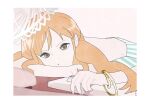 1girl bangle blurry blurry_foreground bracelet brown_eyes commentary gold_bangle highres jewelry leaning_on_table long_hair looking_at_viewer nami_(one_piece) official_alternate_costume official_alternate_hairstyle one_piece one_piece_heroines orange_hair sidelocks solo untranslatable_commentary upper_body y0shunnq_0 