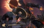  1boy 1other armor brown_sky chainmail clash coiled_sword commentary_request dark_souls_(series) dark_souls_i dark_souls_iii duel eclipse full_armor gauntlets height_difference helm helmet holding holding_shield holding_sword holding_weapon in-franchise_crossover knight mujakki_(erri0qbjmpac1ve) plume shield shoulder_armor sky solaire_of_astora solar_eclipse soul_of_cinder sun_print sun_symbol sword weapon 