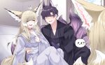  1boy 2girls @_@ absurdres alternate_costume animal_ear_fluff animal_ears arknights black_kimono blonde_hair blue_kimono blue_sky blush breasts casual caught cleavage closed_eyes cloud collarbone commentary_request dated_commentary day family father_and_child father_and_daughter fingernails fox fox_boy fox_ears fox_girl fox_tail green_eyes hand_on_another's_waist highres husband_and_wife indoors japanese_clothes kimono kitsune kyuubi large_breasts long_hair long_sleeves mother_and_child mother_and_daughter motion_lines multiple_girls multiple_tails notice_lines on_bed open_mouth parent_and_child pillow purple_hair purple_tail samip sash scar scar_on_cheek scar_on_face short_hair sky smile speech_bubble suzuran's_father_(arknights) suzuran_(arknights) sweatdrop tail tattoo_choker teeth upper_teeth_only vulpisfoglia_(arknights) wide_sleeves window yellow_tail 