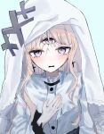  1girl bib_collar blonde_hair commentary cracked_skin cross cross_earrings cross_ornament dress earrings extra_ears extra_eyes frilled_dress frilled_sleeves frills gloves grey_eyes highres hikami_meruru jewelry long_hair long_sleeves looking_at_viewer mahou_shoujo_no_majo_saiban matsuri_(maturina8231) priestess simple_background solo spoilers straight-on tearing_up triclops untranslatable_commentary upper_body veil white_background white_dress white_gloves white_veil witch_(manosaba) 