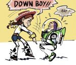  1boy 1girl animal_print boots braid buzz_lightyear commentary cow_print cowboy_hat down_boy!!_(meme) hat highres jessie_the_yodeling_cowgirl long_hair long_sleeves ma911128 meme print_chaps red_hair shirt simple_background smile spacesuit toy_story untranslatable_commentary 