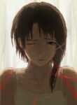  1girl backlighting bare_shoulders brown_hair camisole collarbone commentary facing_viewer faux_traditional_media fukaku_umeru hair_ornament hairclip highres iwakura_lain laser laser_pointer_projection looking_at_viewer loose_hair_strand one_eye_closed parted_bangs portrait sad serial_experiments_lain short_hair short_hair_with_long_locks solo spaghetti_strap white_background white_camisole x_hair_ornament 
