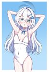  1girl armpits arms_behind_head blue_archive blue_background blue_eyes blue_halo blue_ribbon breasts colored_eyelashes commentary_request detached_collar gradient_background gradient_eyes halo highleg highleg_one-piece_swimsuit long_hair long_single_sidelock looking_at_viewer multicolored_eyes neck_ribbon one-piece_swimsuit orca_hair_ornament paragasuoyajii ribbon sayuri_(blue_archive) small_breasts solo standing swimsuit white_eyelashes white_hair white_one-piece_swimsuit 
