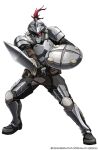  1boy arm_belt armor armored_boots artist_request belt black_pants black_shirt boots breastplate broken_horns brown_belt buckler clenched_hand copyright_name copyright_notice fighting_stance full_armor full_body fur_trim glowing glowing_eye goblin_slayer goblin_slayer! goblin_slayer:_the_endless_revenge grey_armor grey_helmet grey_pants helm helmet holding holding_shield holding_sword holding_weapon leather_armor looking_at_viewer male_focus multiple_belts official_art pants plume pointing pointing_at_viewer pointing_melee_weapon pointing_sword red_eyes second-party_source shield shirt simple_background solo standing sword transparent_background visor_(armor) weapon 