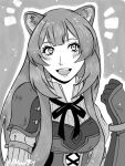  1girl :d ameowart animal_ear_fluff animal_ears armor artist_name blunt_bangs blush breastplate breasts clenched_hand collared_dress commentary commission double-parted_bangs dress english_commentary gauntlets greyscale hand_up heart high_collar layered_dress leather_armor long_hair long_sleeves looking_at_viewer medium_breasts metal_arm_cuffs metal_wrist_cuffs monochrome neck_ribbon notice_lines open_mouth outline pauldrons pinstripe_dress pinstripe_pattern raccoon_ears raccoon_girl raphtalia ribbon shoulder_armor single_pauldron sleeveless sleeveless_dress smile solo straight_hair tanuki tate_no_yuusha_no_nariagari teeth two-tone_dress upper_body upper_teeth_only watermark 