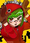  1girl aegyo_sal artist_name brown_gloves commentary english_commentary gloves green_hair gumi hands_up highres hood hood_up hooded_jacket jacket looking_at_viewer matryoshka_(vocaloid) open_mouth red_eyes red_jacket ringed_eyes short_hair simple_background solo track_jacket upper_body vocaloid yellow_background zukaichu 