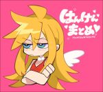 1girl angel angel_wings blonde_hair blush commentary_request crossed_arms dress half-closed_eyes ikuchi_osutega jewelry necklace official_style panty_&amp;_stocking_with_garterbelt panty_(psg) pearl_necklace pink_background red_dress simple_background sleeveless sleeveless_dress solo upper_body wet wet_hair wings 