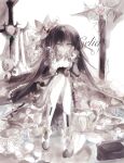  1girl absurdres arcaea artist_name bib_collar black_dress black_hair black_ribbon blue_eyes bow carnation celia. commentary crossed_bangs dress dress_bow flower frilled_dress frills full_body gothic_lolita hair_between_eyes hair_ornament hair_ribbon highres lolita_fashion long_hair long_sleeves looking_at_viewer planted planted_sword puffy_shorts ribbon ring_hair_ornament shoes shorts signature simple_background sitting solo sword tairitsu_(arcaea) tairitsu_(axium)_(arcaea) weapon white_background white_shoes 