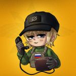  1990s_(style) 1girl blonde_hair blue_eyes blush box cable chibi fyugins_png gloves gradient_background holding holding_phone holding_walkie-talkie military military_uniform orange_background original phone radio retro_artstyle russian_flag russian_ground_forces russo-ukrainian_war short_hair smile solo walkie-talkie yellow_background 