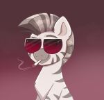  2022 chest_tuft cigarette digital_media_(artwork) equid equine eyebrows eyewear fan_character feral fur grey_body grey_fur grey_stripes hasbro male mammal mohawk moozua mouth_hold my_little_pony smile solo stripes sunglasses tuft zebra 