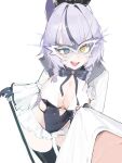  1girl @_@ absurdres black_gloves black_streaks blue_eyes bow bowtie braid breasts cane cleavage clothes_grab commentary covered_navel foreshortening frills gloves goddess_of_victory:_nikke grabbing_another's_shirt heterochromia highres holding holding_cane leotard mask masquerade_mask multicolored_hair multicolored_leotard official_alternate_costume official_alternate_hairstyle open_mouth phantom_(nikke) phantom_(saint_thief)_(nikke) side_braids sideless_leotard sj90563032 skindentation smile solo_focus streaked_hair teeth thighhighs two-tone_leotard upper_teeth_only yellow_eyes 