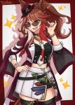  1girl animal_ears black_shirt black_shorts black_thighhighs blush bracelet breasts brown_hair chain_necktie choker commentary ears_through_headwear fang fedora forever_young_(racing)_(umamusume) forever_young_(umamusume) green_choker green_eyes grin hand_on_own_hip hat highres horse_ears horse_girl horse_tail jacket jewelry large_breasts long_hair looking_at_viewer multicolored_hair necktie open_mouth purple-tinted_eyewear red-tinted_eyewear red_jacket red_streaks royalballs_(akawomp) shirt shorts shorts_under_skirt skirt smile solo streaked_hair sunglasses tail teeth thighhighs tinted_eyewear umamusume upper_teeth_only white_necktie white_skirt white_streaks 