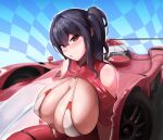  1girl azur_lane bangs bare_shoulders blush breasts car cleavage clothing_cutout ear_piercing ground_vehicle highres huge_breasts long_hair motor_vehicle naka_(umomoko) one_side_up piercing race_queen red_eyes revealing_clothes shoulder_cutout solo taihou_(azur_lane) toyota 