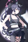  1girl absurdres animal_ear_fluff animal_ears belt black_gloves black_hair black_hat black_shorts black_vest blue_archive blush breasts cat_ears cat_girl chinese_commentary choker cleavage collarbone commentary_request fanshuimucishen gloves halo hands_on_own_hips hat high-waist_belt highres horizontal_spotlight idol idol_clothes long_hair looking_at_viewer o-ring o-ring_choker o-ring_thigh_strap official_alternate_costume official_alternate_hairstyle peaked_cap pink_halo red_eyes serika_(blue_archive) serika_(idol)_(blue_archive) shadow shorts single_leg_pantyhose solo thigh_strap vest white_belt 