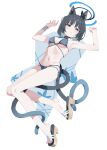  1girl absurdres animal_ear_fluff animal_ears bikini black_eyes black_hair black_tail blue_archive blue_bikini blue_halo blue_tail blush breasts cat_ears cat_girl cat_tail chinese_commentary commentary_request criss-cross_straps fanshuimucishen gradient_tail halo halterneck highres kikyou_(blue_archive) kikyou_(swimsuit)_(blue_archive) layered_bikini looking_at_viewer medium_breasts multi-strapped_bikini_bottom multi-strapped_bikini_top multiple_tails navel official_alternate_costume platform_sandals sandals short_hair side-tie_bikini_bottom simple_background solo stomach string_bikini swimsuit tail triangle_bikini_top two_tails white_background 