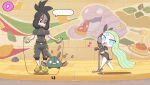  ... 2girls black_dress black_hair black_track_suit blue_eyes colored_skin commentary_request dendra_(pokemon) disgust domaguri dress fingerless_gloves food forehead_jewel gameplay_mechanics gloves green_hair grimer holding holding_microphone_stand jump_rope jumping korean_commentary long_hair looking_at_another looking_at_viewer looking_down medium_hair meloetta meloetta_(aria) microphone_stand mud multiple_girls mural musical_note pasta pizza pokemon pokemon_(creature) pokemon_scarlet_and_violet rhythm_game rhythm_tengoku rhythm_tengoku_miracle_stars scar scar_on_face scar_on_forehead singing slime_(creature) spaghetti spoken_ellipsis stage track_suit trubbish white_skin 