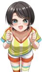  +_+ 1girl black_hair blue_eyes blush breasts cleavage commentary_request hololive looking_at_viewer medium_breasts oozora_subaru oozora_subaru_(1st_costume) open_mouth shirt shoes short_hair smile solo sora-wo-tomo striped_clothes striped_shirt virtual_youtuber white_background white_shoes yellow_shirt 