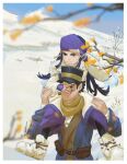  1boy 1girl absurdres ainu_clothes asirpa bandana bare_tree belt belt_pouch black_belt black_eyes black_hair blue_coat blue_sky blurry blurry_foreground boots bud carrying coat commentary day dotr_art frown fur_boots golden_kamuy hand_on_another's_face hat highres kepi long_hair long_sleeves military_hat mountain one_eye_covered outdoors pants pouch purple_pants scar scar_on_cheek scar_on_face scar_on_nose scarf shading_eyes short_hair shoulder_carry sky snow standing sugimoto_saichi tree white_boots white_coat yellow_scarf 