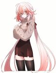  1girl alternate_costume black_skirt black_thighhighs breasts commentary_request fu_hua fu_hua_(fenghuang_of_vicissitude) glasses grey_sweater highres honkai_(series) honkai_impact_3rd long_hair looking_at_viewer medium_breasts medium_hair multicolored_hair pencil_skirt red_eyes red_hair simple_background skirt solo sweater takakura_aki thighhighs thighs two-tone_hair very_long_hair white_background white_hair zettai_ryouiki 