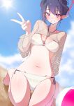 1girl absurdres asaq_gl ball barefoot beach beachball bikini black_hair black_horns blue_archive breasts brown_shrug chiaki_(blue_archive) chiaki_(swimsuit)_(blue_archive) collarbone commentary_request curved_horns fishnet_shrug hair_bun halo highres horns kneeling looking_at_viewer multicolored_horns navel o-ring o-ring_bikini o-ring_top official_alternate_costume official_alternate_hairstyle outdoors red_eyes red_halo see-through_clothes see-through_shrug shrug_(clothing) solo stomach sweat swimsuit toes two-tone_horns v white_bikini 