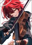  1girl arknights black_jacket commentary_request exusiai_(arknights) exusiai_the_new_covenant_(arknights) fingerless_gloves gloves halo holding holding_instrument holding_violin instrument jacket kontrol long_shirt long_sleeves looking_at_viewer open_mouth orange_eyes playing_instrument playing_violin red_hair shirt short_hair side_ponytail simple_background smile solo swept_bangs violin white_background white_halo 