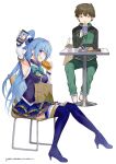  1boy 1girl aqua_(konosuba) armpits arms_up bag bangs blue_eyes blue_footwear blue_hair blue_skirt boots bow breasts brown_hair burger cellphone chair cup disposable_cup drinking drinking_straw food frills from_side full_body high_heels highres holding holding_food jacket kono_subarashii_sekai_ni_shukufuku_wo! layered_skirt long_hair long_sleeves looking_at_viewer medium_breasts mishima_kurone official_art page_number pants phone satou_kazuma shiny shiny_hair short_hair simple_background sitting skirt smartphone smile table thigh_boots thighhighs thighs tongue tongue_out track_jacket track_pants tray white_background zettai_ryouiki 