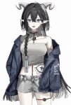  +_+ 1girl :d absurdres black_hair blue_eyes blue_jacket braid breasts collarbone cowboy_shot gawako grey_shirt grey_shorts hand_in_pocket highres horns jacket jewelry long_hair long_sleeves looking_at_viewer medium_breasts mole mole_under_mouth necklace official_alternate_hairstyle open_clothes open_jacket open_mouth original red_pupils sharp_teeth shirt short_shorts shorts side_braid simple_background sleeves_past_wrists smile solo star_(symbol) star_print stomach_tattoo tattoo teeth thigh_strap white_background 