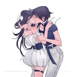  2girls arm_tattoo black_hair black_shirt closed_eyes commentary dress earrings glasses grey_pants hand_on_another's_arm hand_on_another's_shoulder highres hoop_earrings jewelry kiss leg_between_thighs long_hair maybe_kizuna multiple_girls off-shoulder_dress off_shoulder original pants shirt short_hair simple_background tattoo thigh_strap unworn_eyewear white_background white_dress yuri 