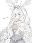  1girl animal_ears antlers arknights blonde_hair blush candle candlestand cape commentary_request dated deer_antlers deer_ears deer_girl dress ears_through_hood gloves holding holding_candlestand hood hood_up hooded_cape horns horns_through_hood hosakana muted_colors purple_eyes simple_background smile solo upper_body viviana_(arknights) white_background 