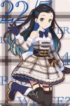  1girl 22/7 aqua_eyes aqua_hair black_hair black_thighhighs blue_bow blue_bowtie blue_gloves blue_shoes bow bowtie copyright_name copyright_notice detached_sleeves dress foot_out_of_frame fur-trimmed_sleeves fur_trim gloves gradient_hair hand_up leg_up long_hair looking_to_the_side multicolored_hair nishiura_sora official_art plaid_clothes plaid_dress pleated_dress santa_costume santa_dress shoes sleeveless sleeveless_dress solo standing standing_on_one_leg thighhighs two_side_up 