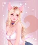  1girl absurdres ahri_(league) alternate_costume animal_ears artist_name bare_shoulders black_choker blush breasts choker cleavage closed_mouth collarbone earrings facial_mark fox_ears fox_girl fox_tail highres jewelry k/da_(league) k/da_ahri konomidraws large_breasts league_of_legends long_hair orange_eyes shirt skirt smile solo star_(symbol) tail white_shirt 