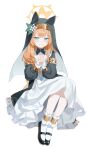  1girl absurdres animal_ear_headwear animal_ears aqua_neckerchief black_veil blue_archive blue_eyes cat_ears cat_girl chinese_commentary commentary_request dress fanshuimucishen flower grin hair_flower hair_ornament halo highres interlocked_fingers long_hair long_sleeves looking_at_viewer mari_(blue_archive) neckerchief nun orange_hair own_hands_clasped own_hands_together partial_commentary simple_background smile solo veil white_background white_dress white_flower yellow_halo 
