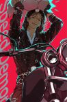  1boy black_gloves black_hair black_jacket commentary fingerless_gloves gloves highres holding holding_mask jacket male_focus maninthe_1 mask michael_jackson motor_vehicle motorcycle on_motorcycle real_life removing_mask solo song_name speed_demon 
