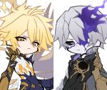  >:( 2boys antenna_hair armor artist_name asymmetrical_wings black_cloak black_sclera blonde_hair blue_cape bridal_gauntlets cape cloak closed_mouth colored_sclera commentary_request cowboy_shot cracked_skin diamond-shaped_pupils diamond_(shape) dual_persona fire gauntlets grey_hair hair_between_eyes halo halo_behind_head highres honkai:_star_rail honkai_(series) hood hooded_cloak jewelry long_hair_between_eyes long_sleeves looking_at_viewer male_focus multiple_boys neck_ring pale_skin panty_&amp;_stocking_with_garterbelt panty_&amp;_stocking_with_garterbelt_(style) parody pauldrons phainon_(flame_reaver)_(honkai:_star_rail) phainon_(honkai:_star_rail) phainon_(khaslana)_(honkai:_star_rail) purple_eyes purple_fire shirt short_hair shoulder_armor simple_background single_gauntlet single_pauldron standing style_parody symbol-shaped_pupils taufu_(gnb0102) tofu_(bean359) v-shaped_eyebrows waist_cape white_background white_shirt wings yellow_eyes yellow_halo 