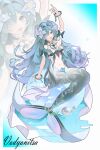  1girl absurdres aqua_hair aqua_sleeves arm_up bandeau blue_eyes blue_flower breasts character_name charm2sul collar commentary detached_collar detached_sleeves flower full_body gem genshin_impact hair_flower hair_intakes hair_ornament hair_over_one_eye highres index_finger_raised long_hair medium_breasts merfolk mermaid monster_girl navel open_mouth pearl sidelocks smile solo stomach very_long_hair vodyanitsa_(genshin_impact) white_bandeau white_collar zoom_layer 