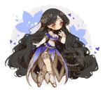  1girl absurdly_long_hair ankle_strap arabian_clothes bandaged_waist bandages big_hair black_hair blue_bustier blue_butterfly blue_flower blue_petals blue_skirt blush breasts bridal_gauntlets bug bustier butterfly chain circlet cleavage closed_mouth clothing_cutout commentary detached_sleeves earrings falling_petals flower flower_ornament gold_chain gold_circlet gold_earrings gold_headdress gold_jewelry gold_sandals gold_shoes gold_thighlet gold_trim gradient_clothes hair_between_eyes harem_outfit head_chain highres jewelry littlebluemuffin long_hair medium_breasts midriff navel original petals red_eyes sandals see-through_clothes see-through_veil shoes skirt tassel thighlet tiptoes untranslatable_commentary veil very_long_hair wavy_hair white_background white_bridal_gauntlets white_veil 