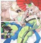  1boy 1girl animal_ears ass bare_shoulders blue_eyes blue_sash breasts cleavage commentary dango food fox_ears fundoshi green_kimono highres inkerton-kun japanese_clothes kimono kisuke_(oboro_muramasa) large_breasts leaf leaf_on_head long_hair nude oboro_muramasa oil-paper_umbrella onsen open_mouth sash steam umbrella wading wagashi water white_hair yuzuruha 