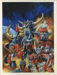  1970s_(style) 5boys aka_ranger american_football_helmet armor aztecaser bibyun black_mask blue_eyes blue_horns border choudenji_robo_combattler_v choujin_bibyun combattler_v_(robot) crossover daikuu_maryuu_gaiking diapolon earth_(planet) explosion gaiking gaiking_(dmg) gakeen grendizer grounzel helmet himitsu_sentai_gorenger holding holding_sword holding_weapon horns magne_robo_gakeen mask mazinger_(series) mecha multiple_boys official_art ourai_noriyoshi painting_(medium) planet pro_wrestling_no_hoshi_aztecaser radio_antenna red_helmet retro_artstyle robot skyzel space spikes super_robot super_sentai sword third-party_source tokusatsu traditional_media uchuu_tetsujin_kyoudain ufo_robo_grendizer ufo_senshi_dai_apolon weapon white_border year_connection yellow_eyes yellow_horns 
