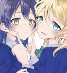  2girls ayase_eli blonde_hair blue_eyes blue_hair blush collared_shirt commentary_request face_squeeze facing_to_the_side fingers_on_another's_face green_ribbon hand_on_another's_arm highres kuuya_(ayahata43) long_hair long_sleeves looking_at_another looking_at_viewer love_live! love_live!_school_idol_project multiple_girls open_mouth otonokizaka_school_uniform ponytail ribbon school_uniform shirt simple_background sonoda_umi striped_ribbon white_shirt yellow_eyes 