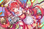  1girl apron breasts choker commentary_request cup dress food frills hair_ornament heart heart_hair_ornament highres hobby_sakura holding holding_tray ice_cream kink_(tortoiseshell) large_breasts long_hair looking_at_viewer maid maid_apron maid_headdress open_mouth parfait promotional_art red_dress red_eyes red_hair second-party_source smile solo striped_clothes striped_dress thighhighs tray twintails very_long_hair waitress wrist_cuffs 